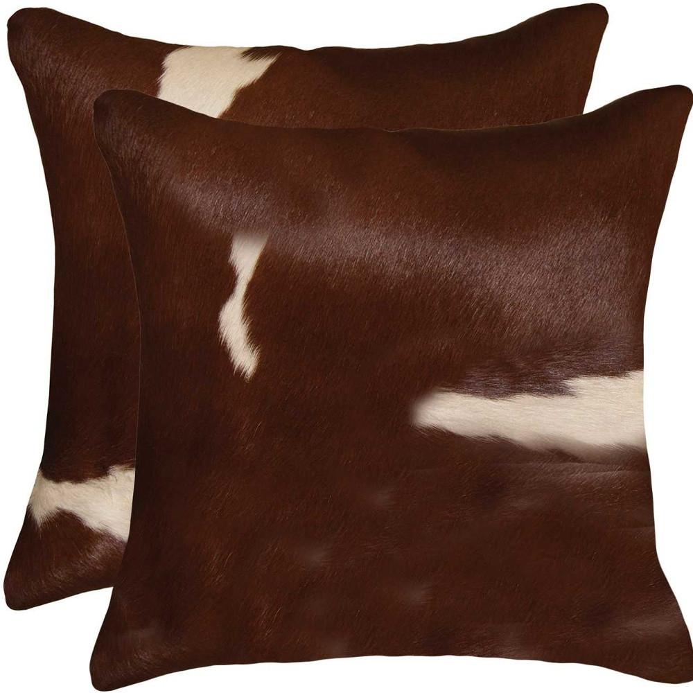 Set of Two 18" Brown And White Cowhide Throw Pillows