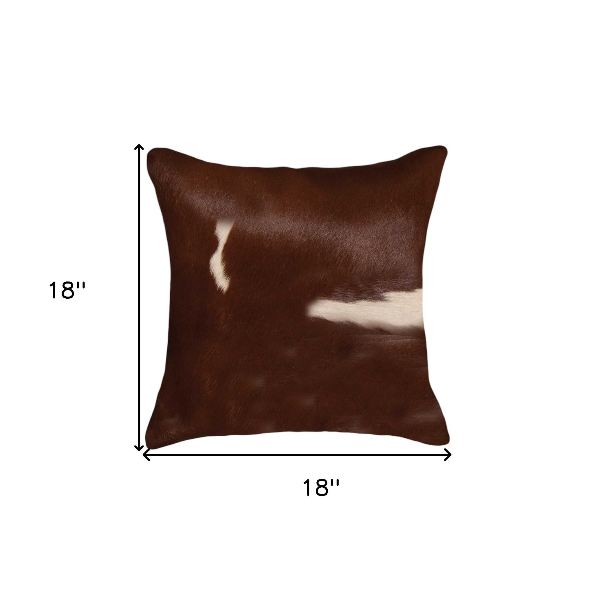 Set of Two 18" Brown And White Cowhide Throw Pillows