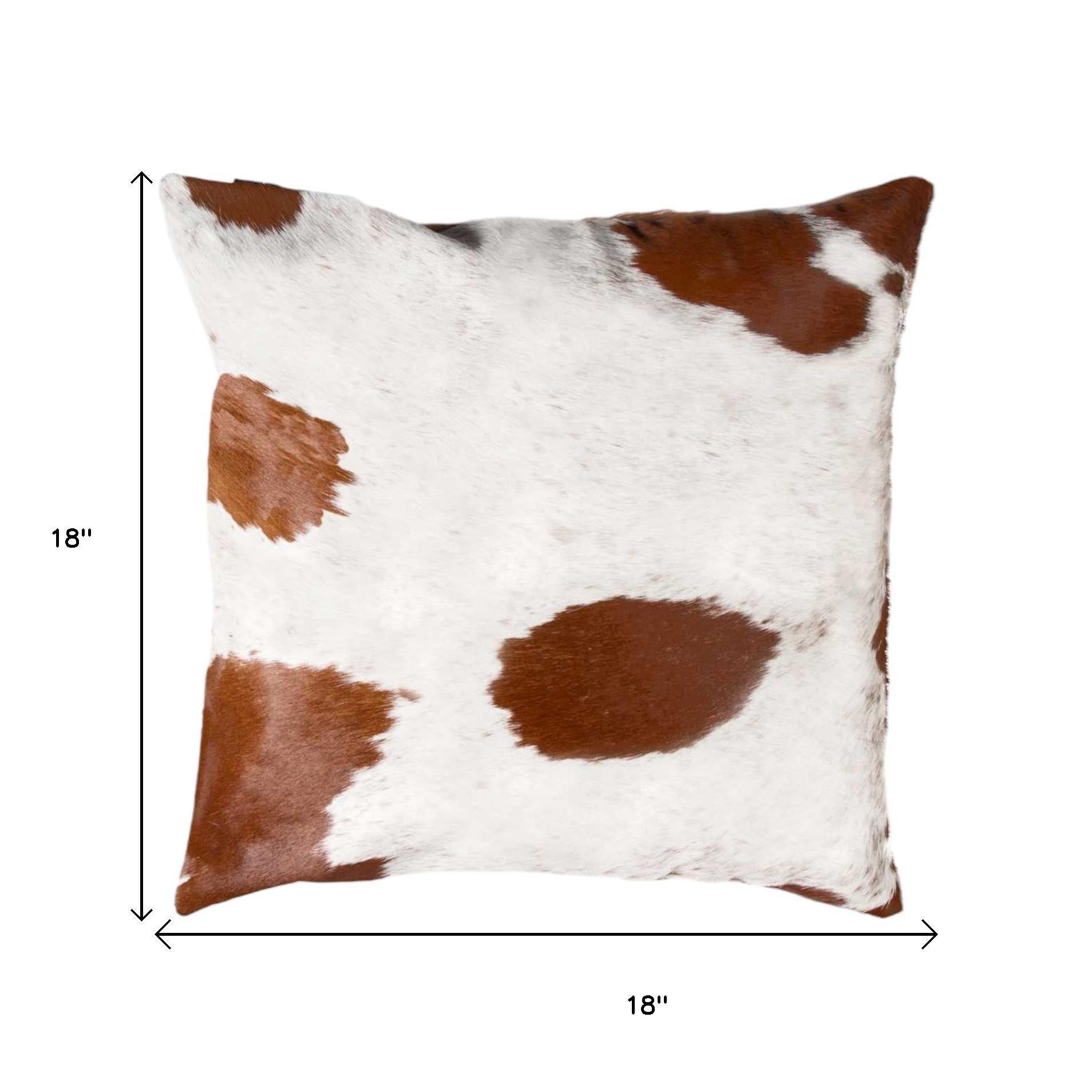 Set of Two 18" Brown And White Cowhide Throw Pillows