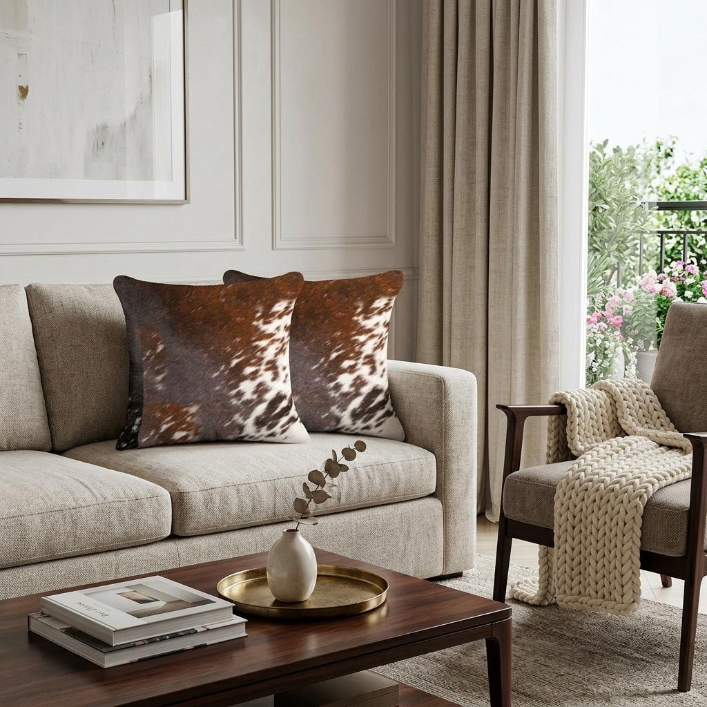 Set of Two 18" Brown and White Cowhide Throw Pillow