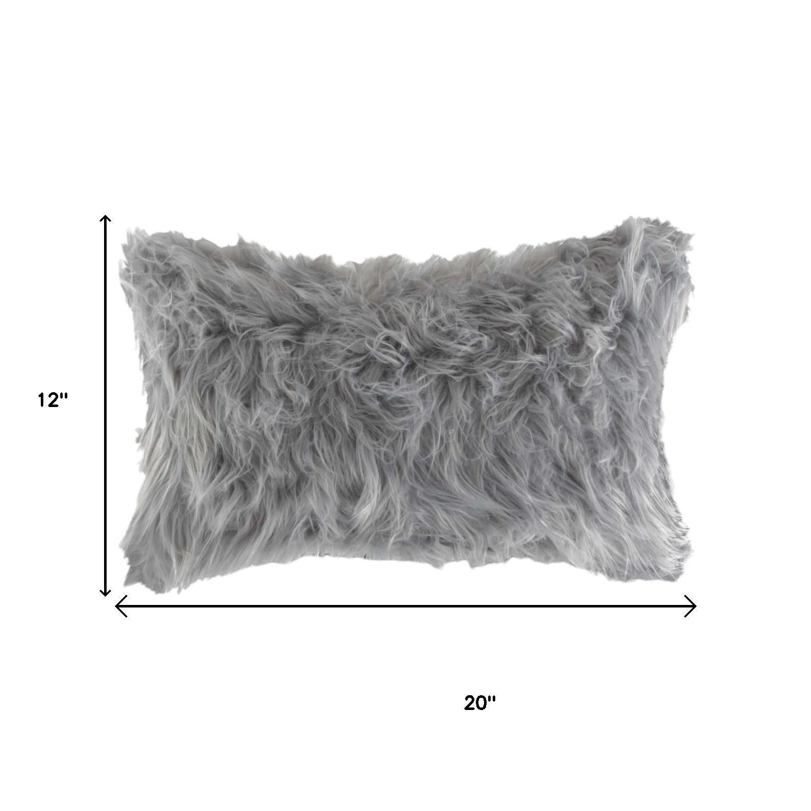 Set of Two 12" X 20" Gray Faux Fur Throw Pillows