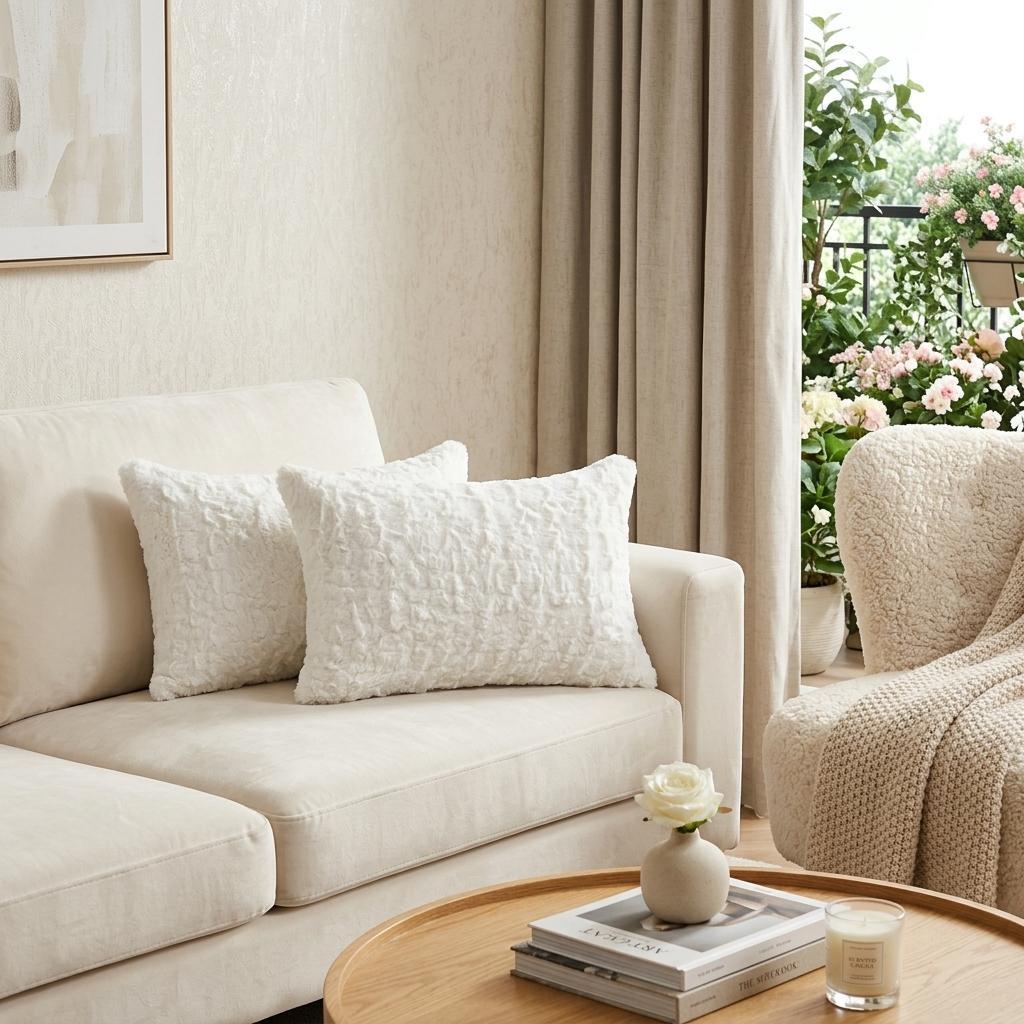 Set of Two 12" X 20" Ivory Faux Fur Throw Pillow