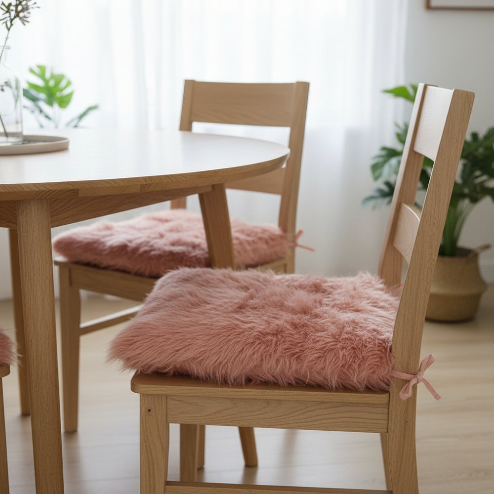 Set of Two 16" X 2" Pink Faux Fur Dining Chair Pads