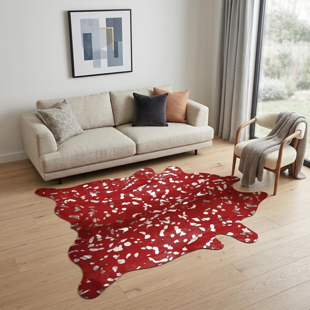 6' X 7' Red And Silver Cowhide Area Rug