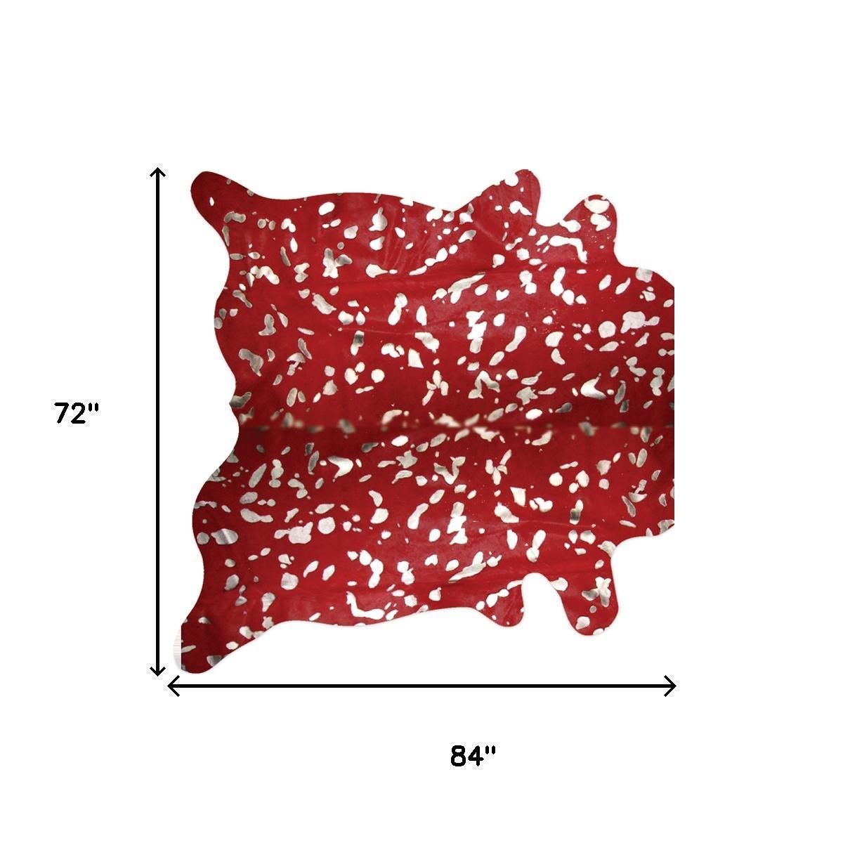 6' X 7' Red And Silver Cowhide Area Rug