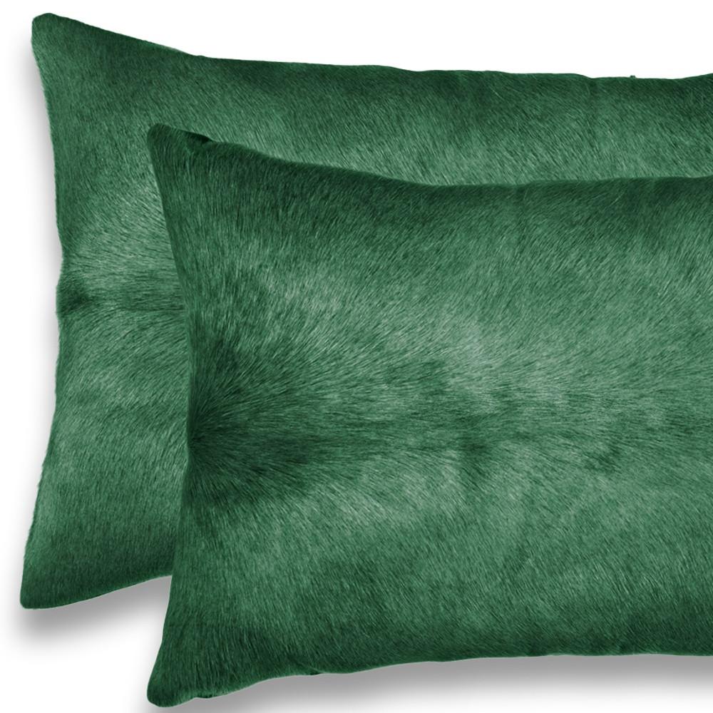 Set of Two 12" X 20" Green Cowhide Throw Pillows