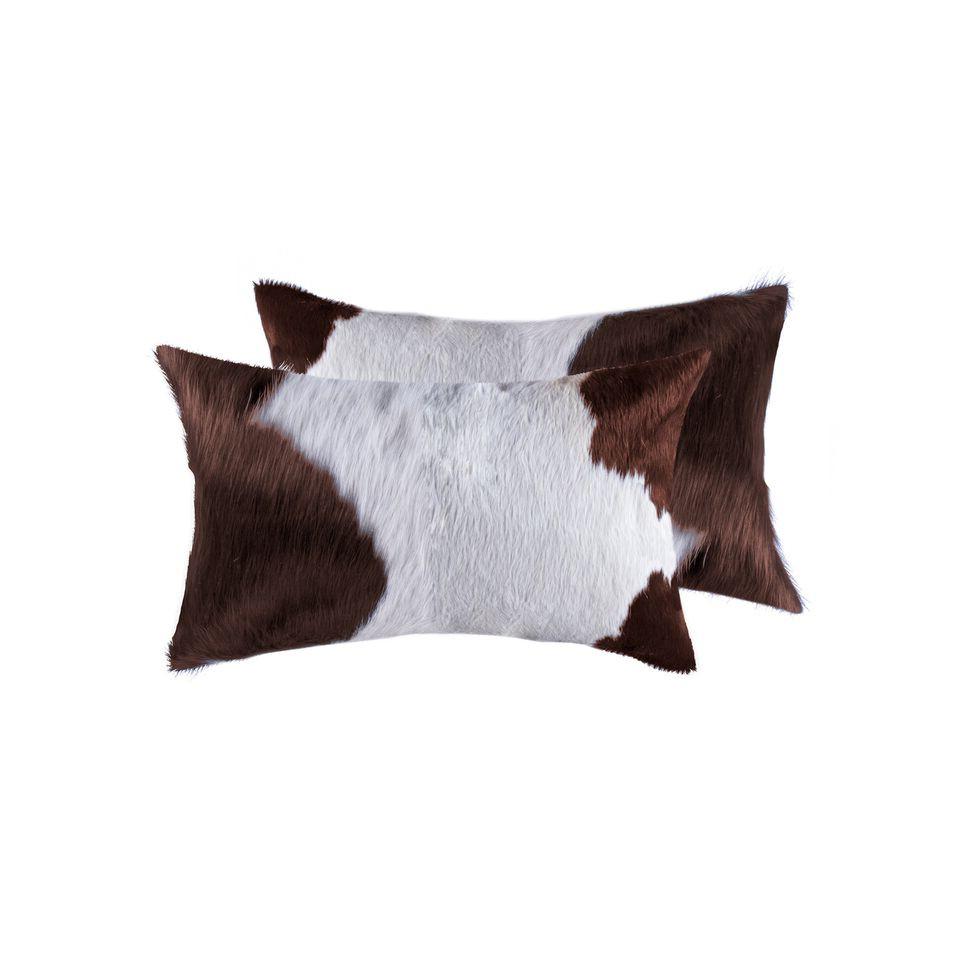 Set of Two 12" X 20" Brown and White Genuine Cowhide Throw Pillows