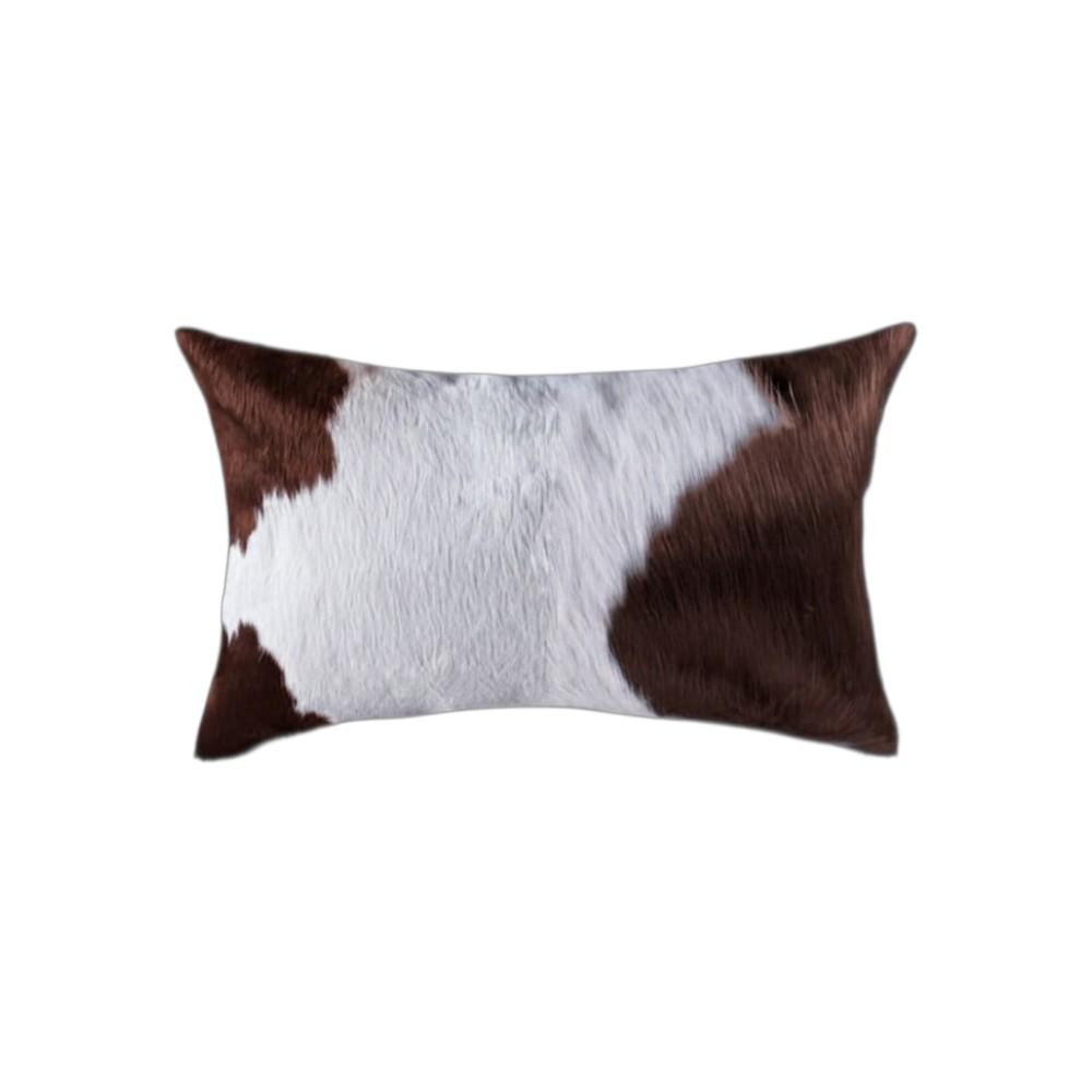 Set of Two 12" X 20" Brown and White Genuine Cowhide Throw Pillows