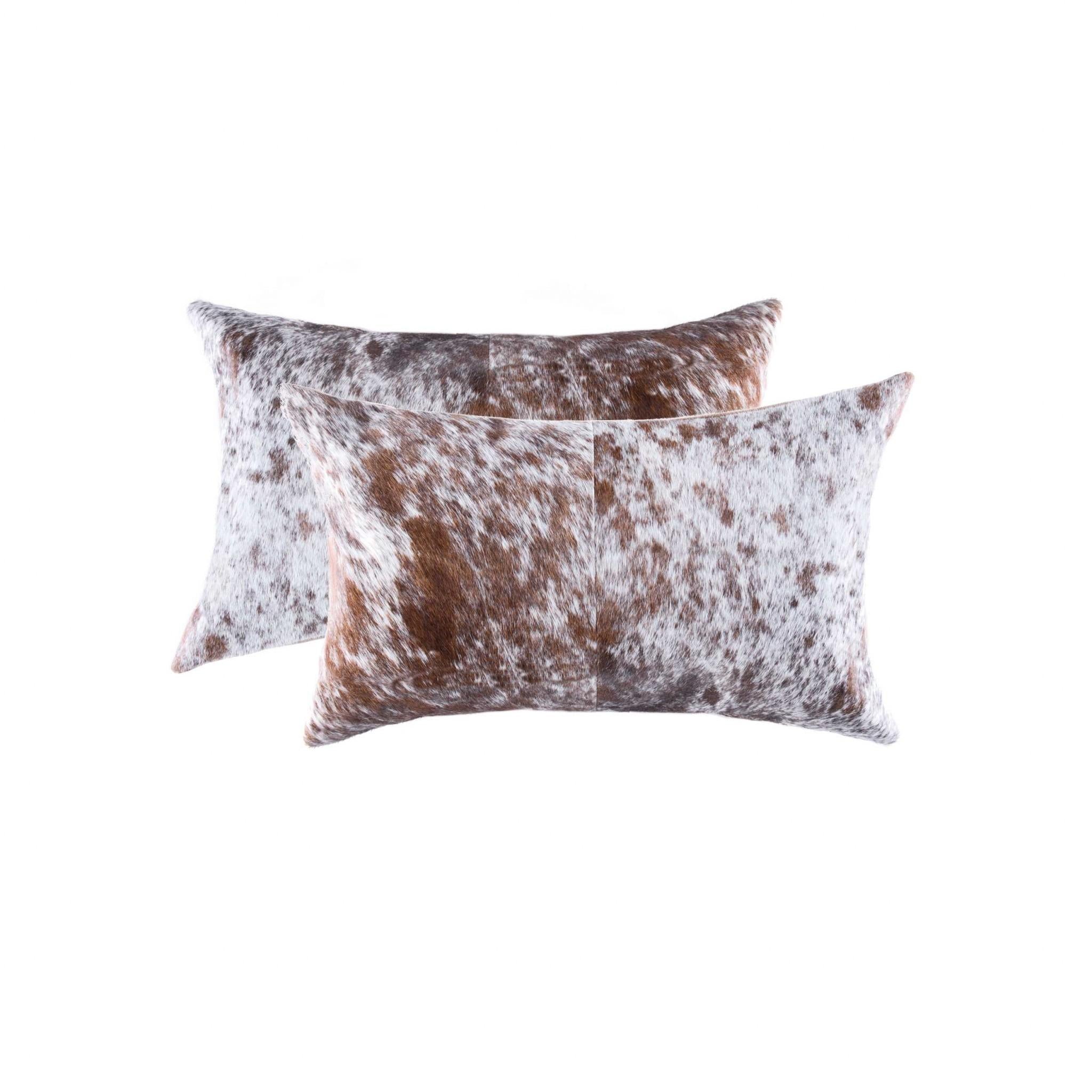 Set of Two 12" X 20" Brown And White Cowhide Throw Pillows