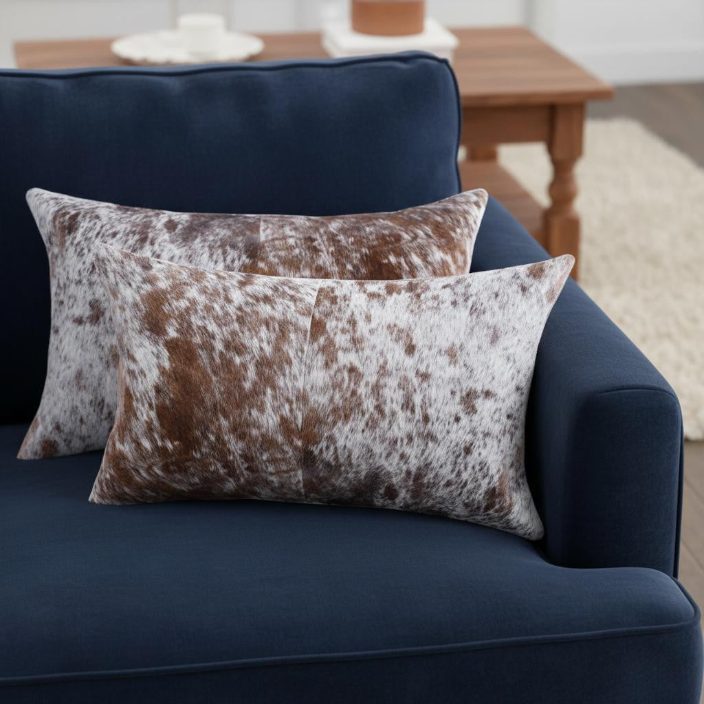 Set of Two 12" X 20" Brown And White Cowhide Throw Pillows