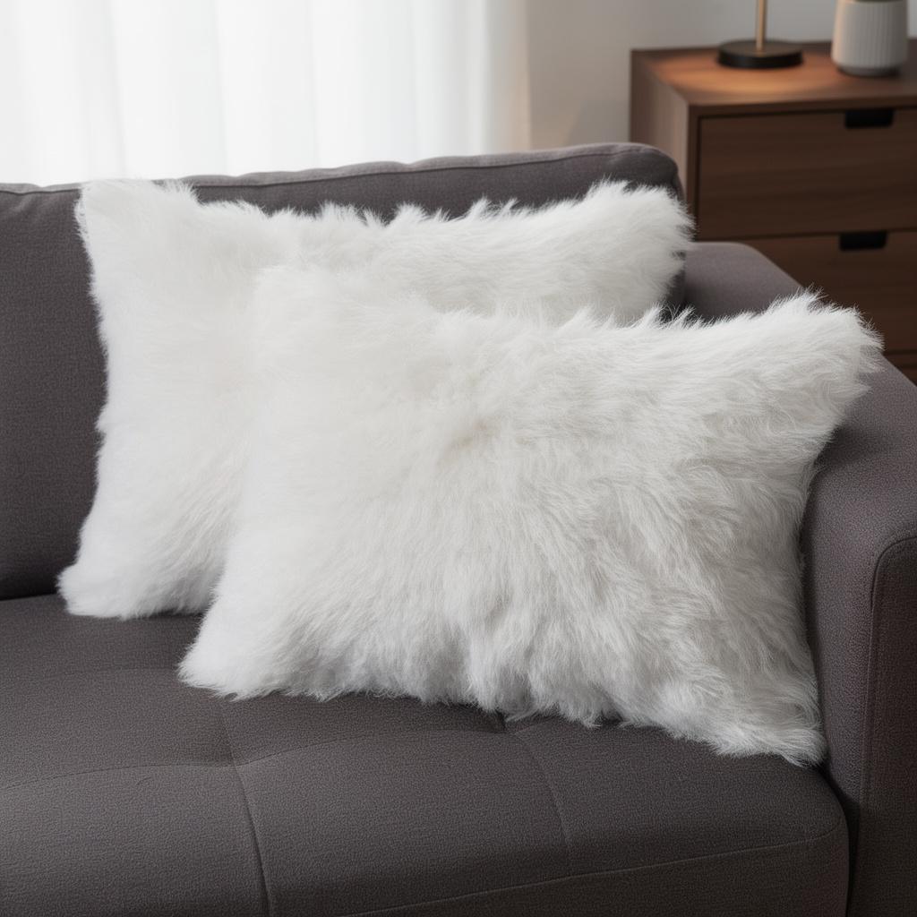 Set of Two 12" X 20" Off White Faux Fur Throw Pillow