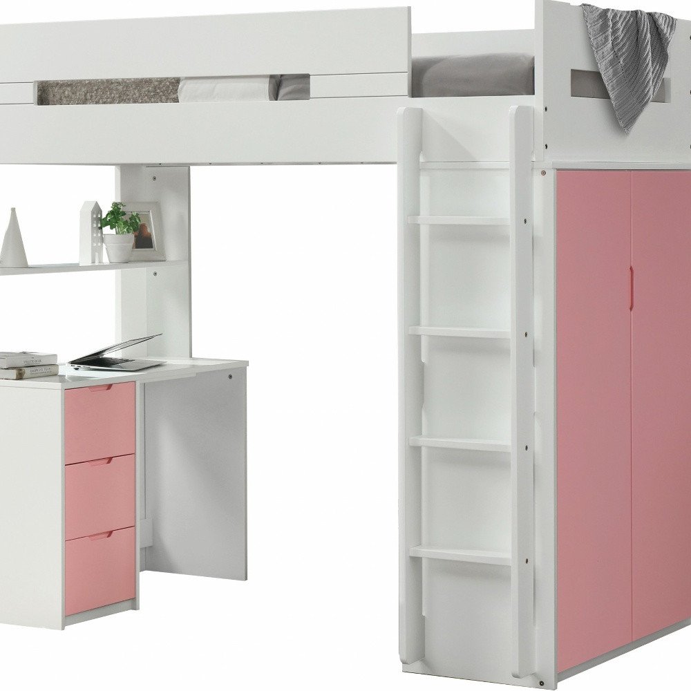 White And Teal Twin Loft Bed And Desk