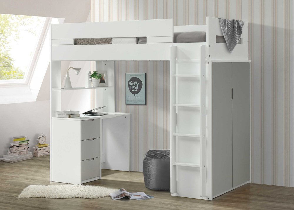 White And Teal Twin Loft Bed And Desk