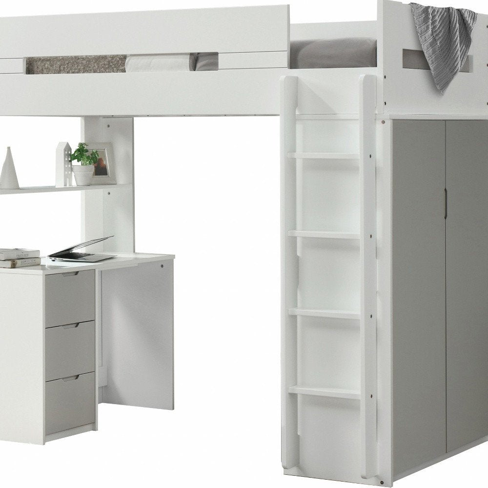 White And Gray Twin Loft Bed And Desk