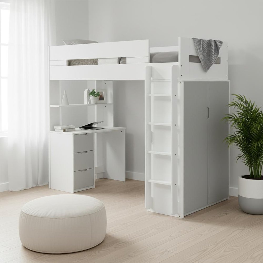 White And Teal Twin Loft Bed And Desk