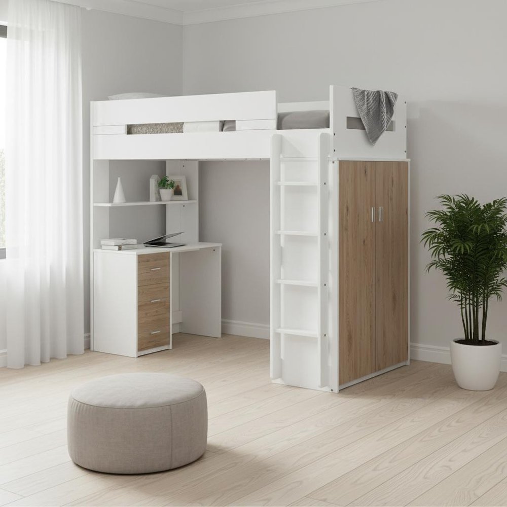 White And Natural Twin Loft Bed And Desk