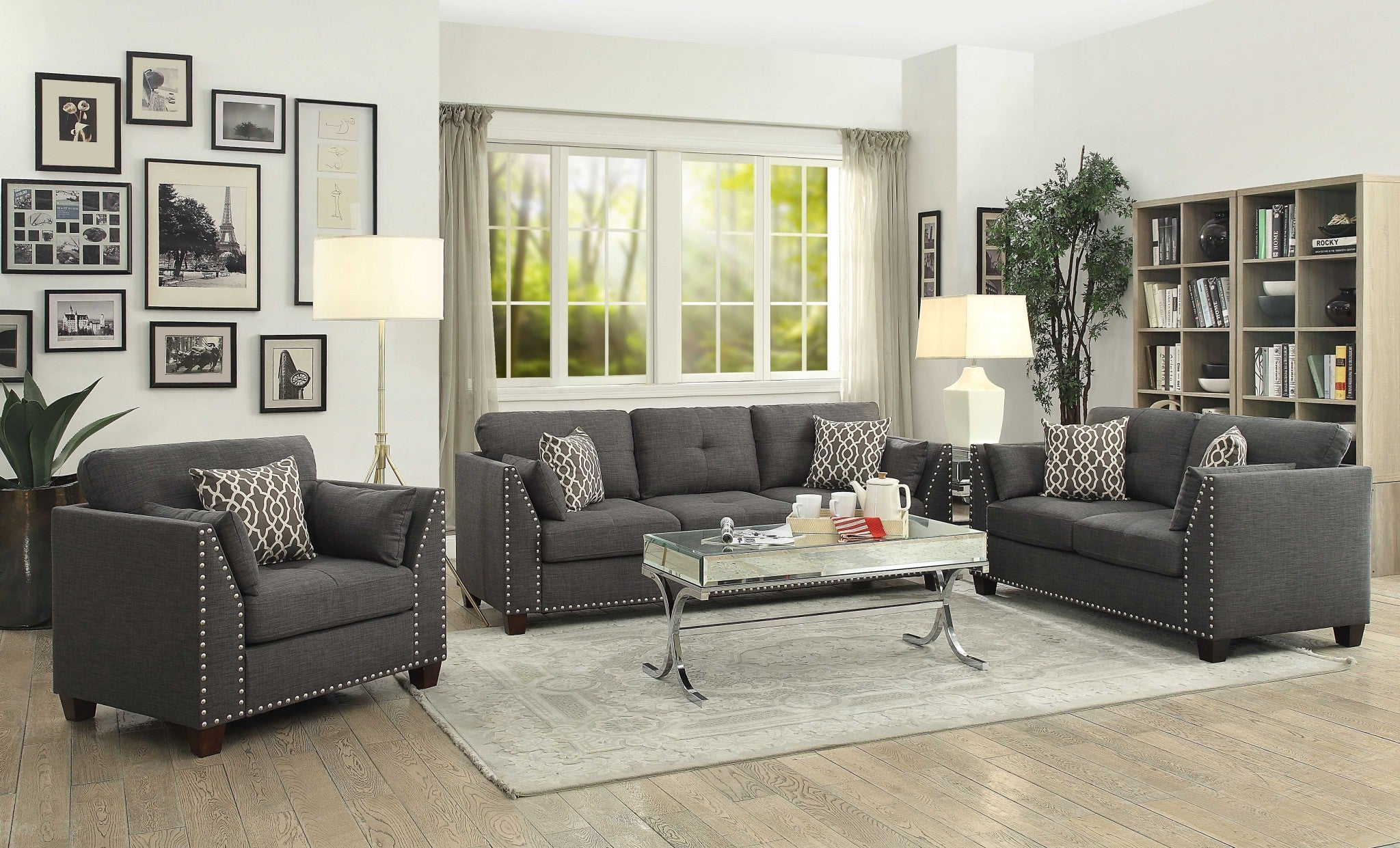 81" Charcoal Linen and Dark Brown Sofa and toss pillows