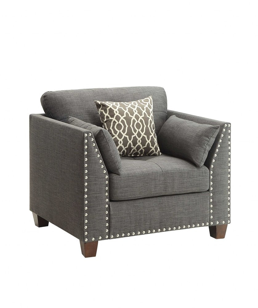 34" Charcoal and Brown Linen Arm Chair And Toss Pillows
