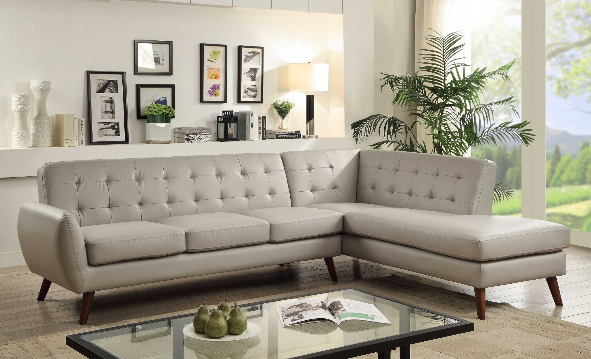 Gray Faux Leather L Shaped Two Piece Sofa and Chaise Sectional