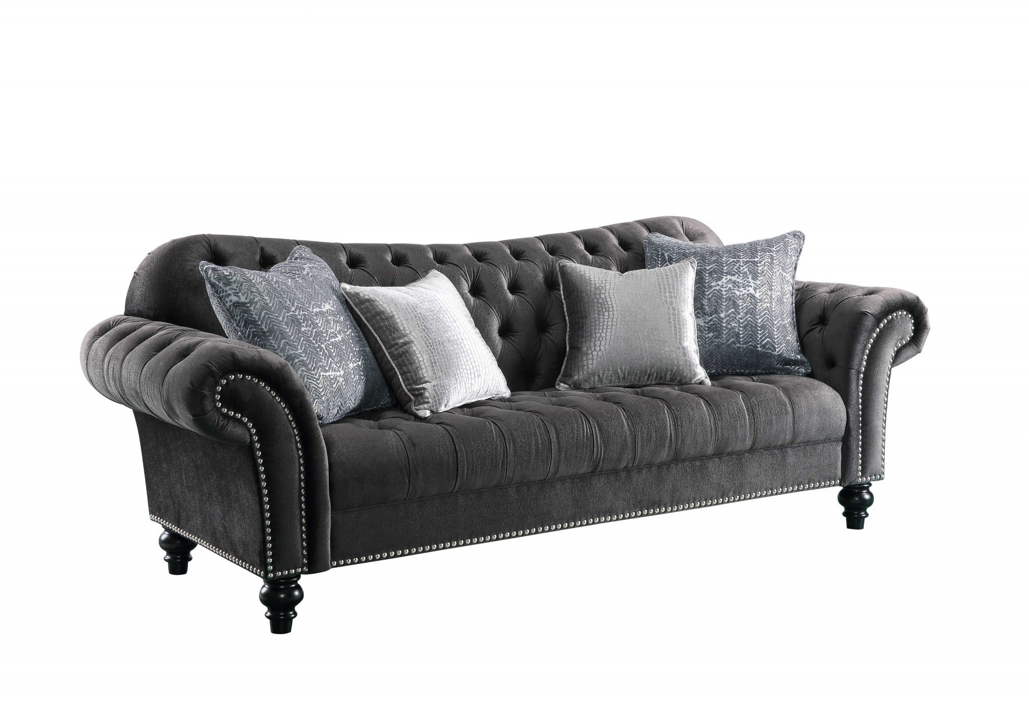 96" Gray And Black Velvet Sofa And Toss Pillows