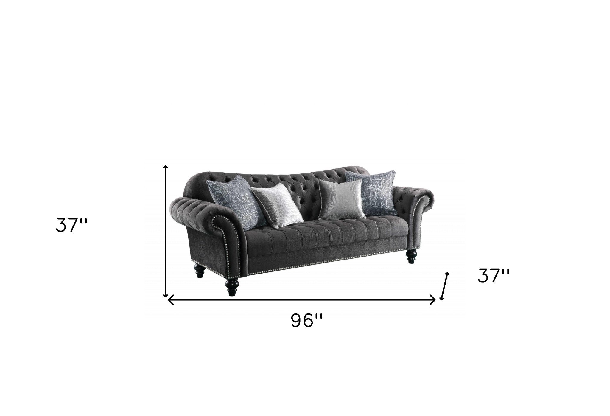 96" X 37" X 37" Dark Gray Velvet Sofa w4 Pillows
