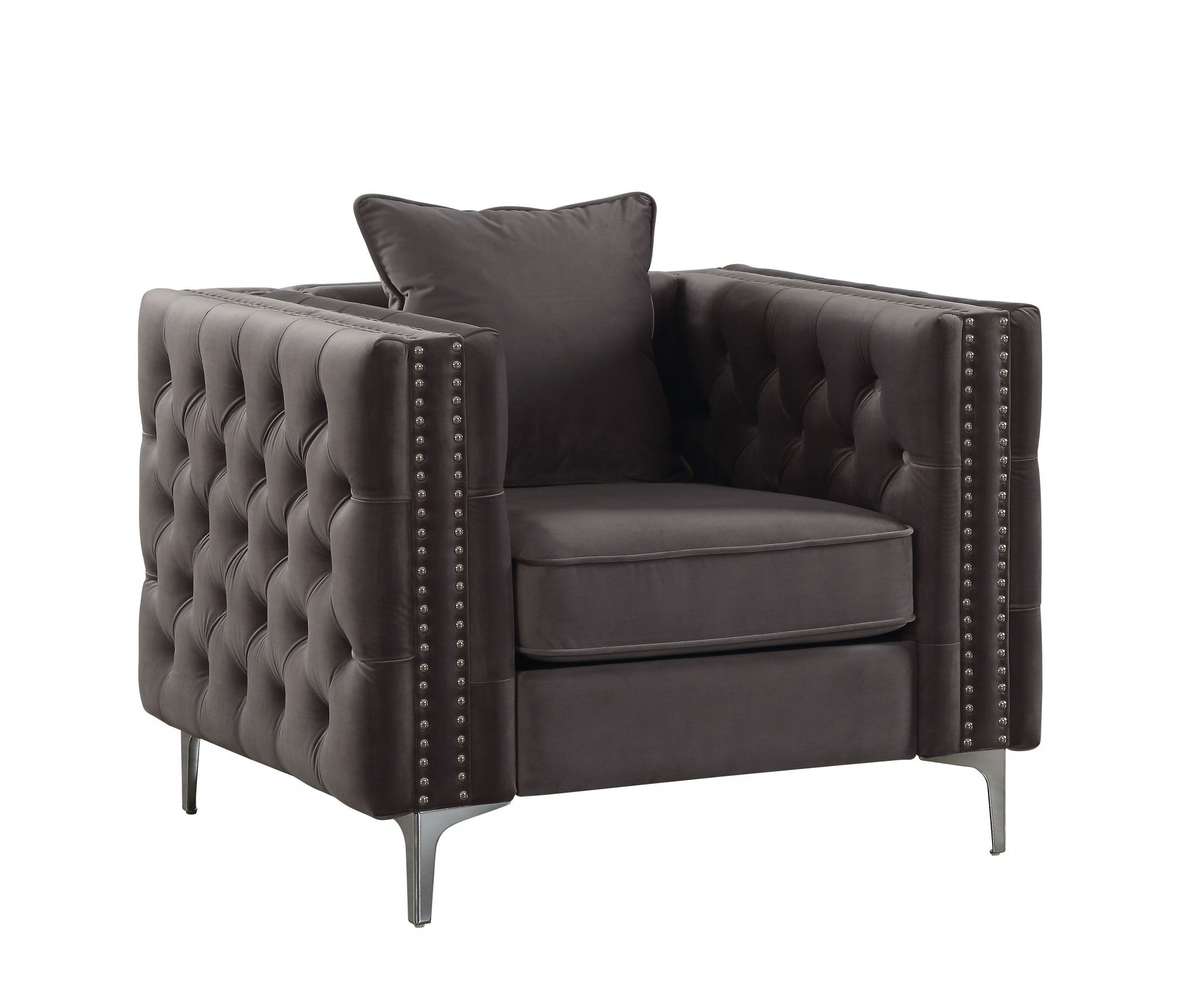 40" Dark Slate Gray And Silver Velvet Tufted Chesterfield Chair