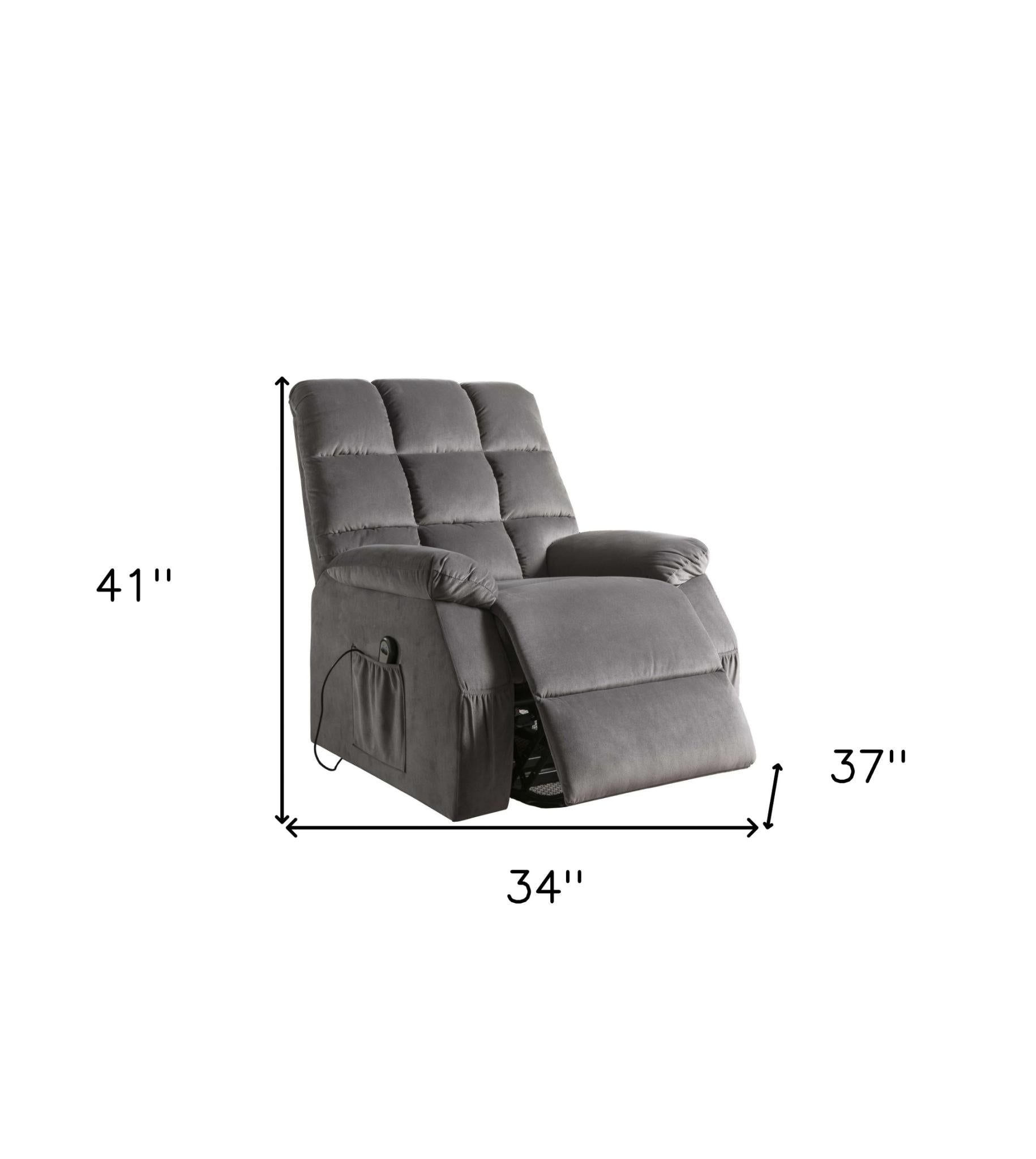34" Gray Velvet Heated Massage Lift Assist Power Recliner