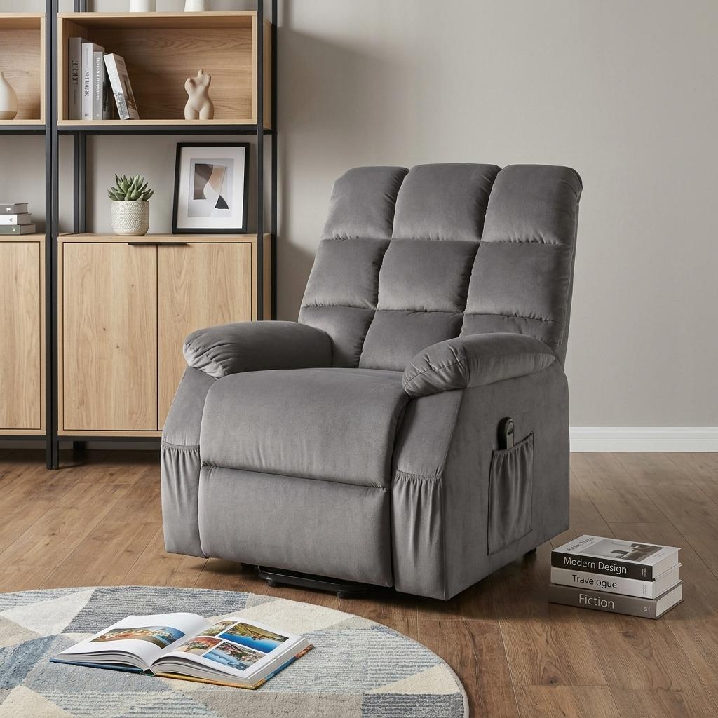 34" Gray Velvet Heated Massage Lift Assist Power Recliner