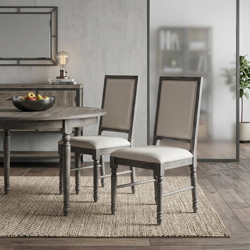Set of Two Cream and Gray Upholstered Linen Dining Side Chairs