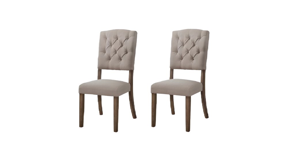 Set of Two Tufted Cream and Brown Upholstered Linen Open Back Dining Side Chairs