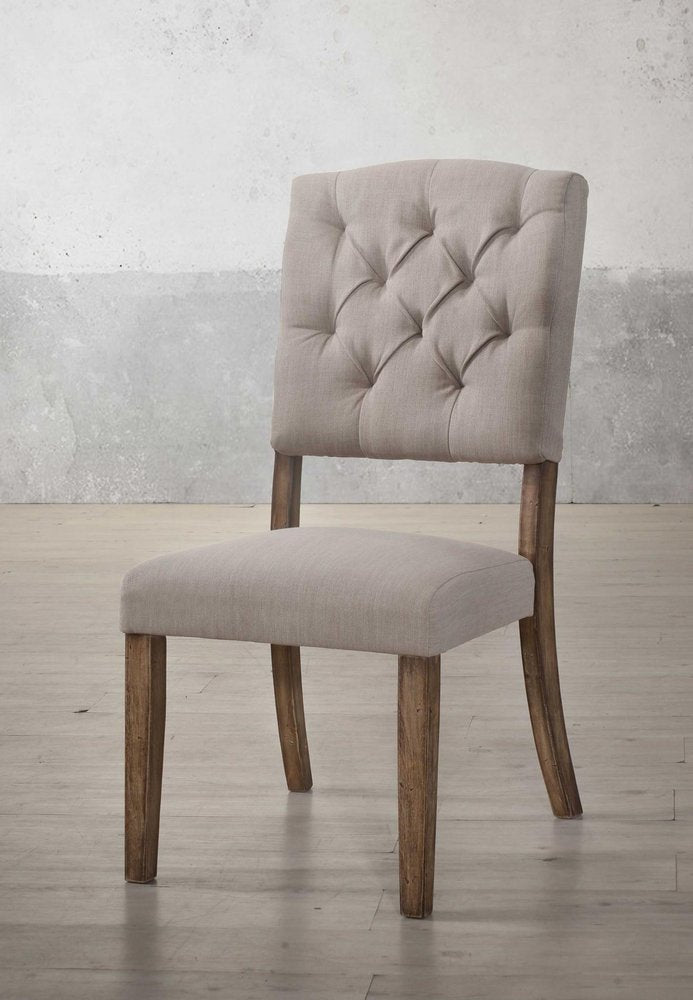 Set of Two Tufted Cream and Brown Upholstered Linen Open Back Dining Side Chairs