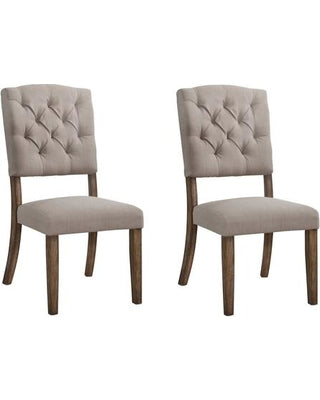 Set of Two Tufted Cream And Brown Upholstered Linen Open Back Dining Side Chairs