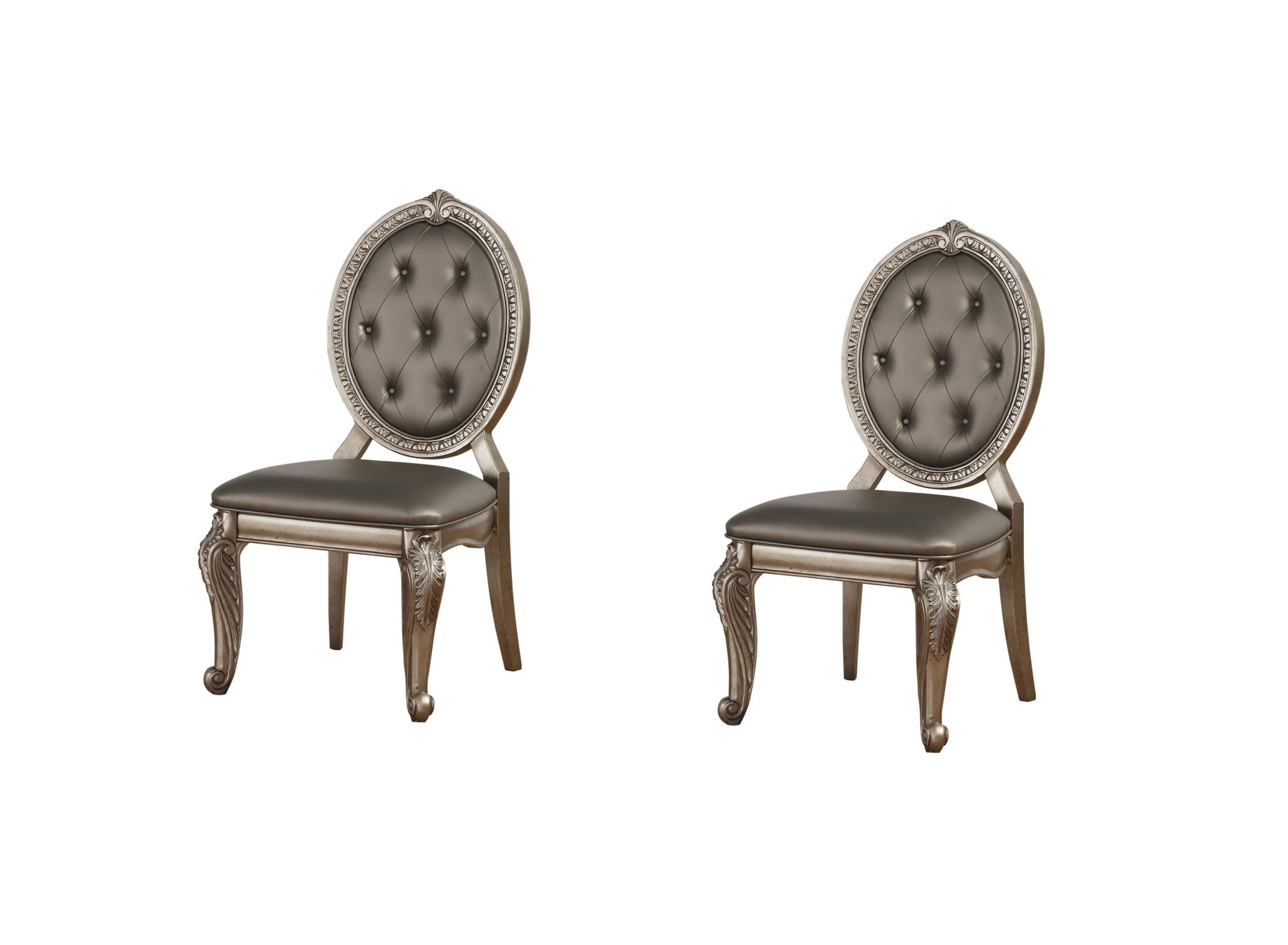 Set of Two Tufted Champagne Upholstered Faux Leather Dining Side Chairs