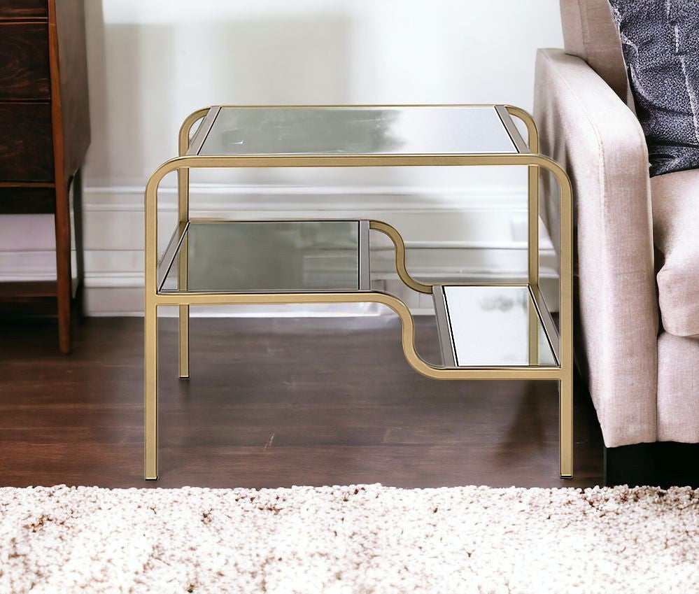 23" Gold And Clear Glass End Table With Two Shelves