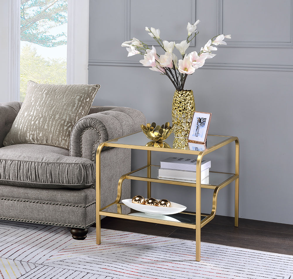 23" Gold And Clear Glass End Table With Two Shelves