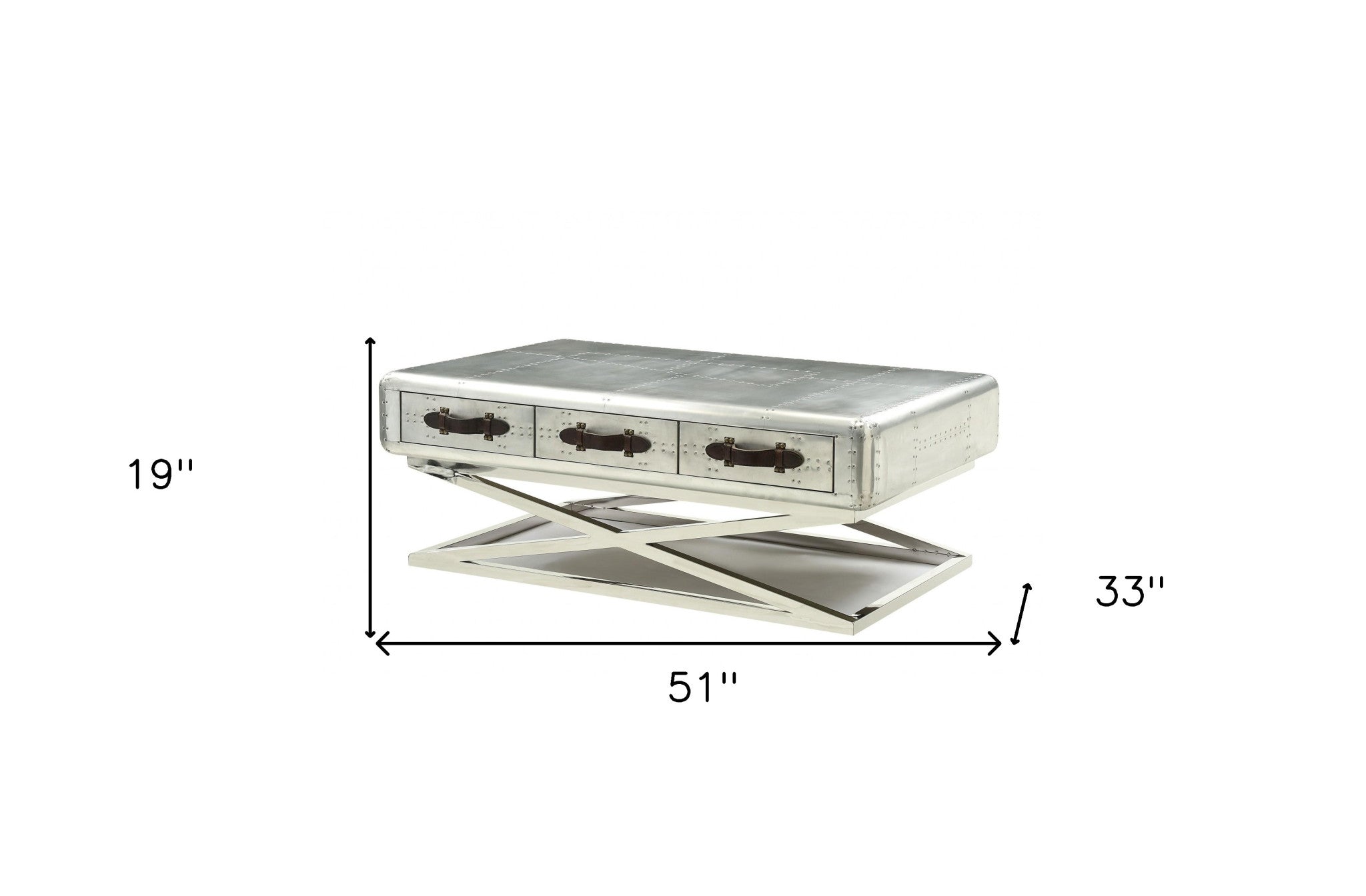 51" Silver Aluminum Coffee Table With Three Drawers