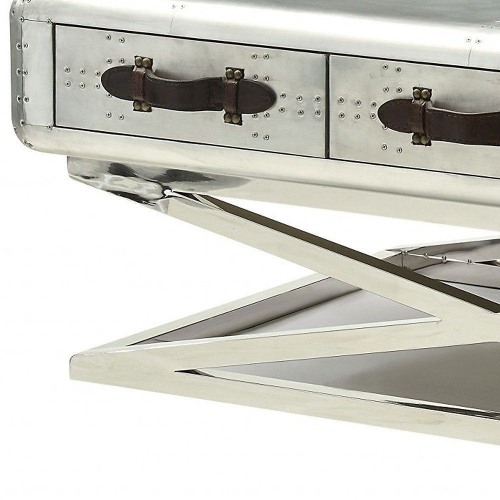 51" Silver Aluminum Trestle Coffee Table With Three Drawers