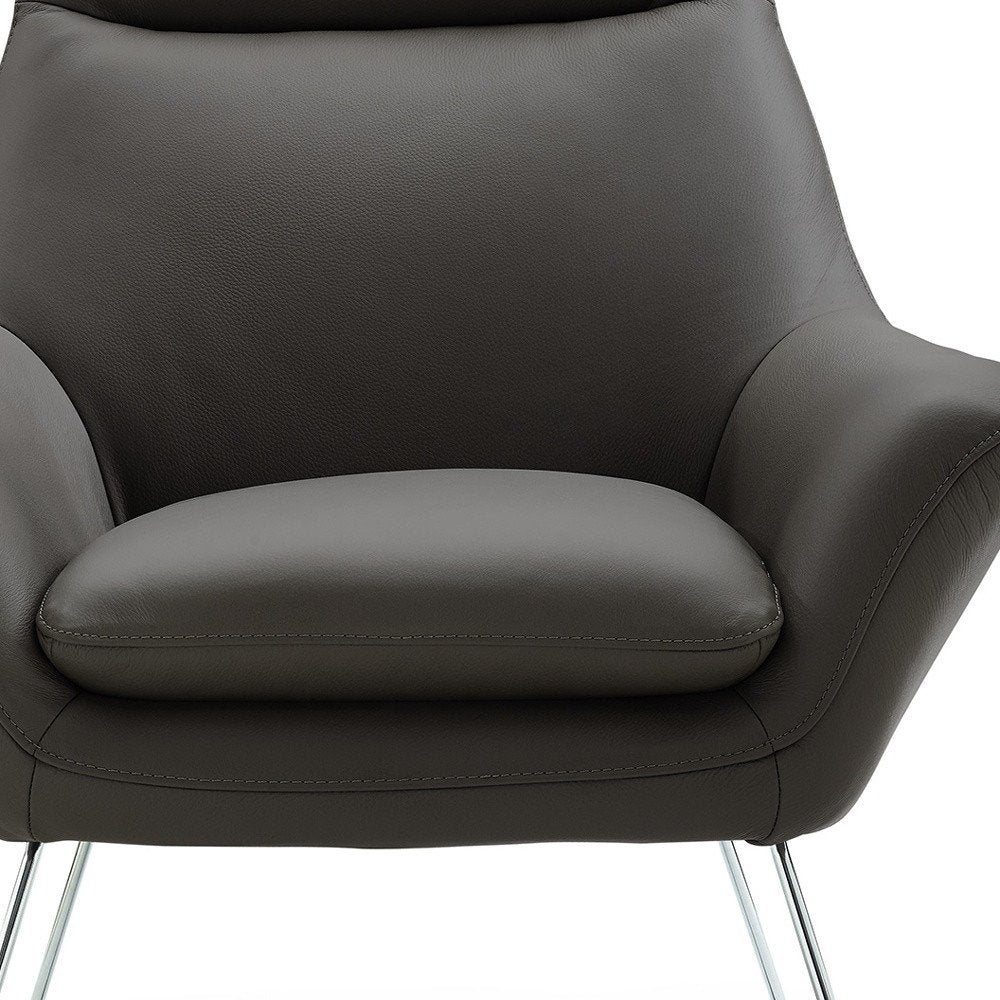 33" Gray and Silver Italian Leather Tufted Arm Chair