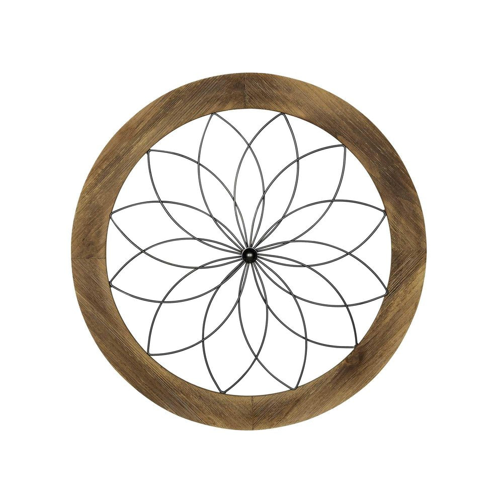 26" X 26" Light Brown Metal And Wood Circle Hanging Dimensional Sculpture