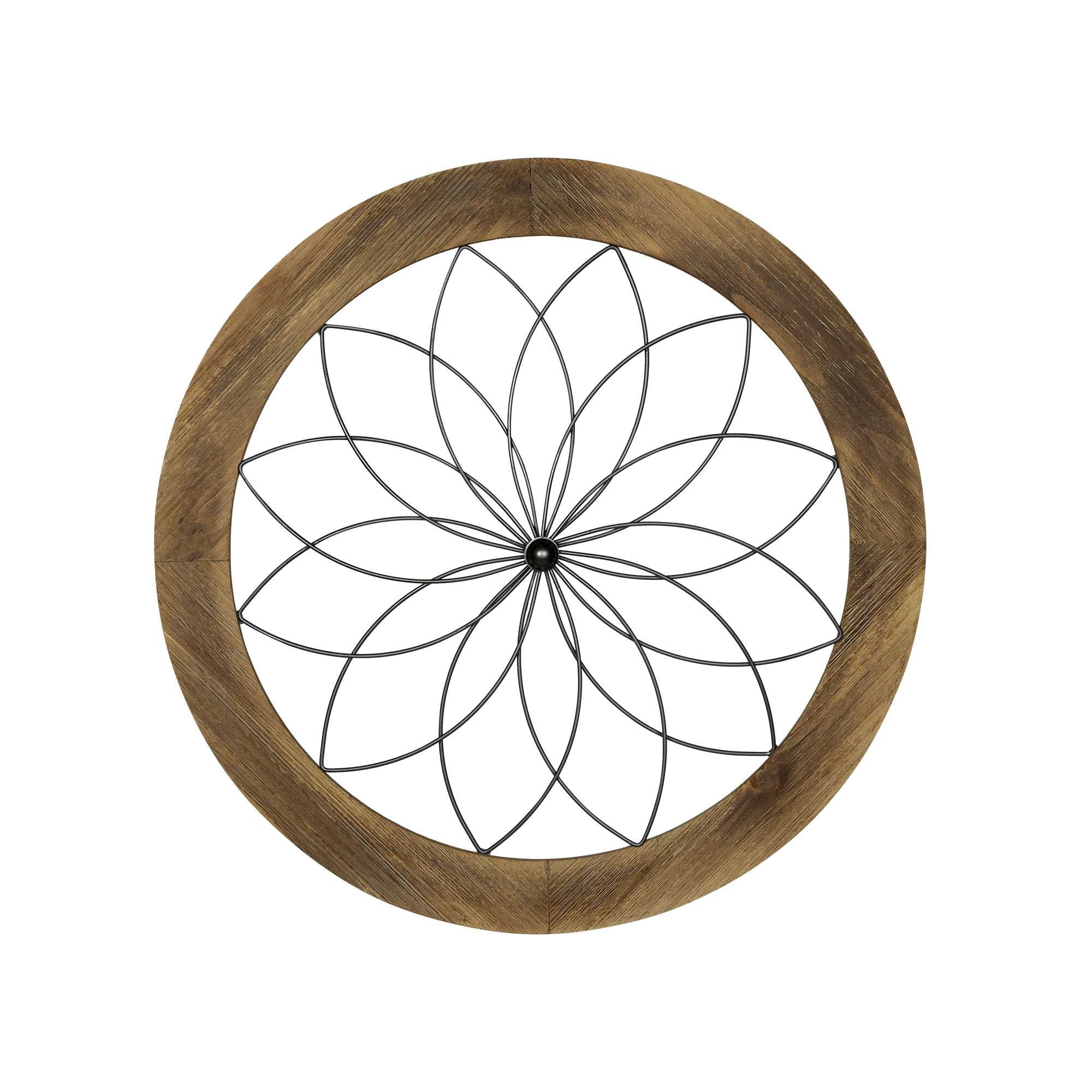 26" Light Brown Wood And Metal Circle Flower Hanging Dimensional Sculpture