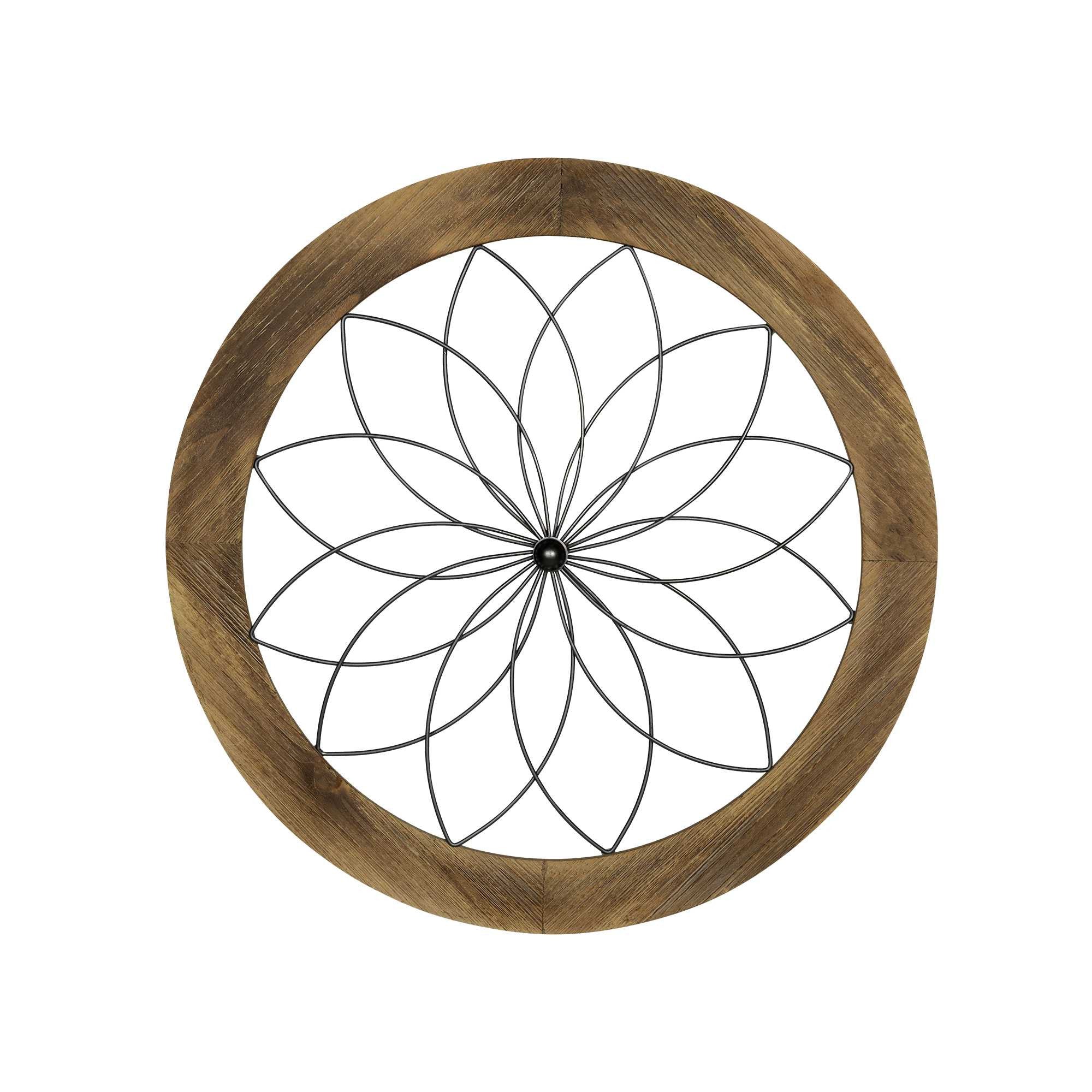 26" Light Brown Wood And Metal Circle Flower Hanging Dimensional Sculpture