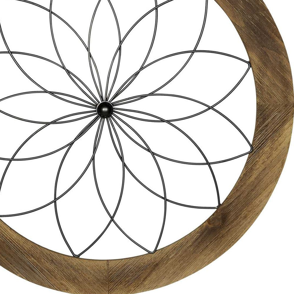 26" Light Brown Wood And Metal Circle Flower Hanging Dimensional Sculpture