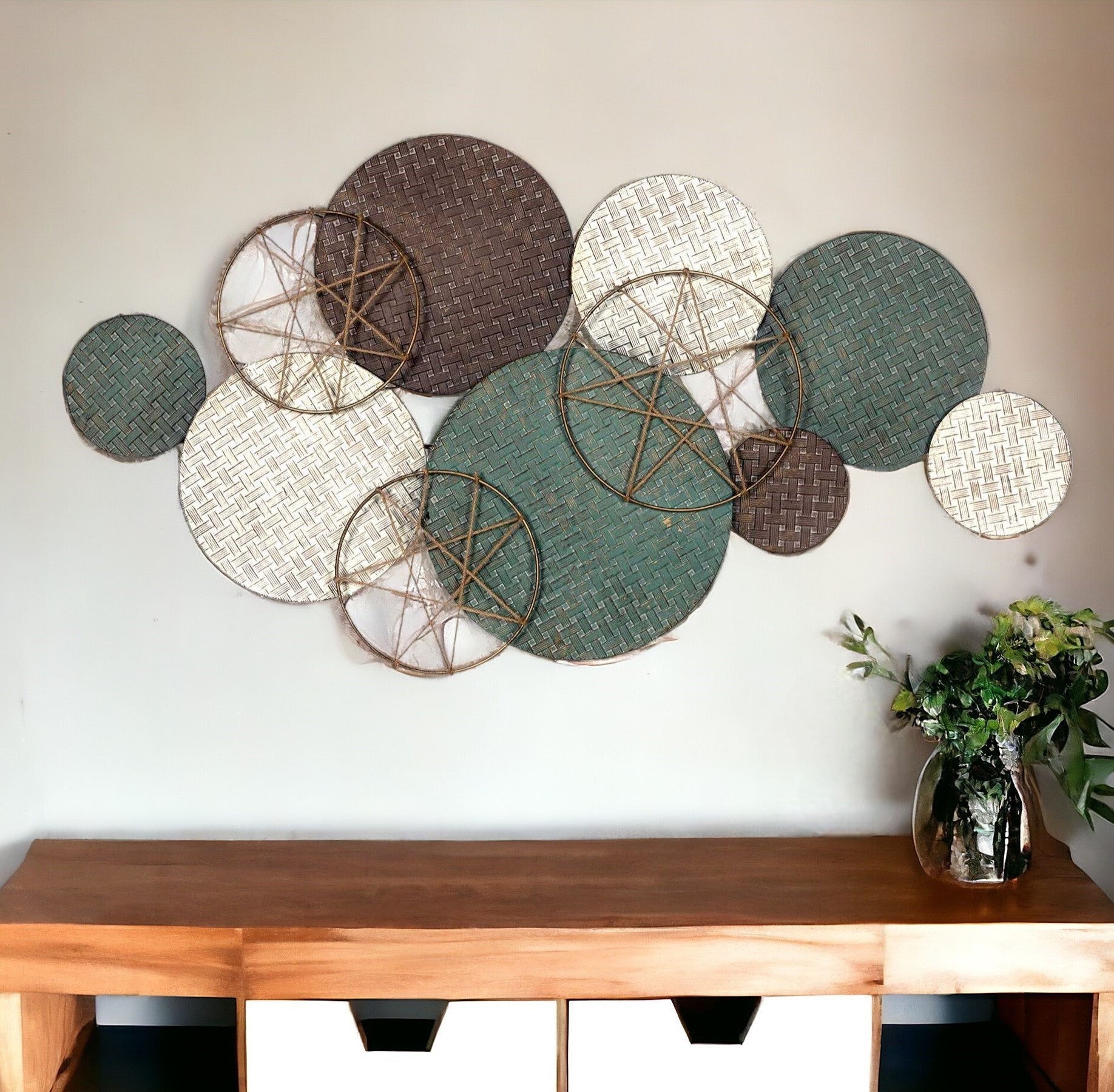 25" X 47" Bronze Green and White Metal and Jute Distressed Wall Decor