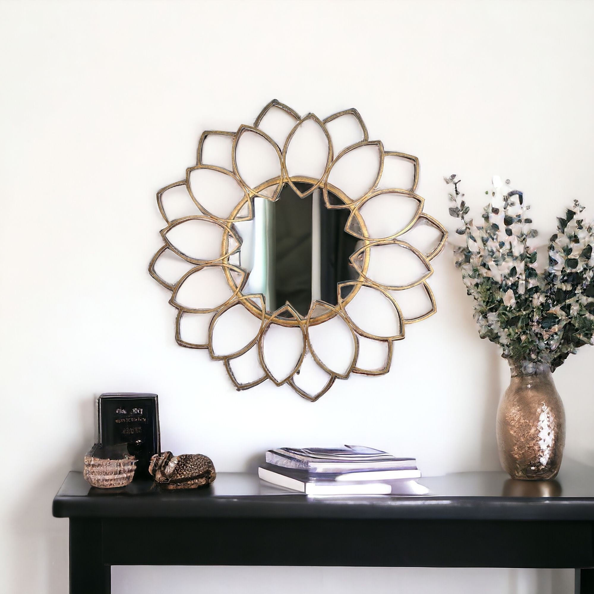 32" Antiqued Bronze Round Floral Petal Metal Wall Mirror