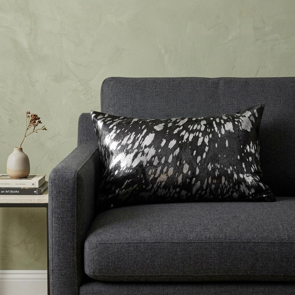 12" X 20" Black and Silver Cowhide Throw Pillow