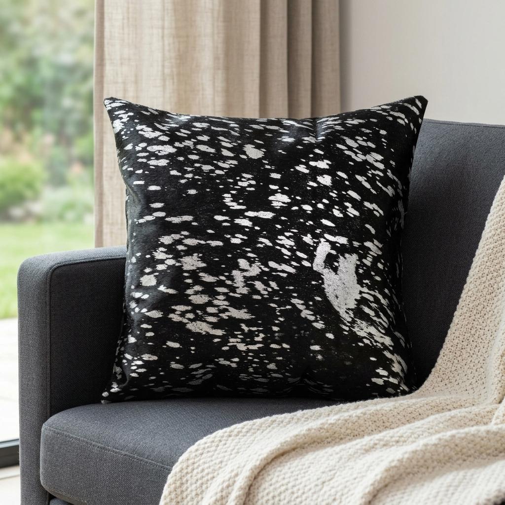 18" Black and Silver Cowhide Throw Pillow