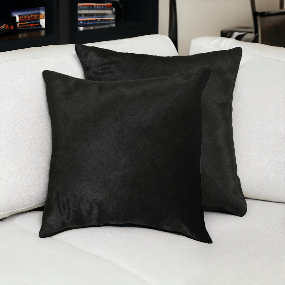 Set of Two 18" Black Cowhide Throw Pillows