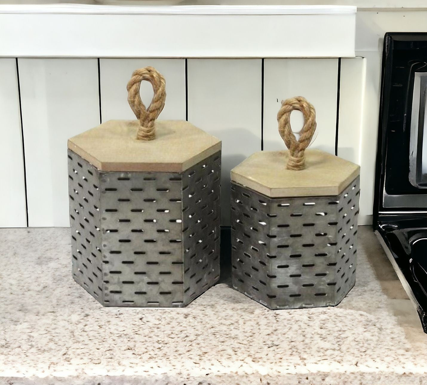 Set Of 2 Rustic Farmhouse Decorative Metal Canisters