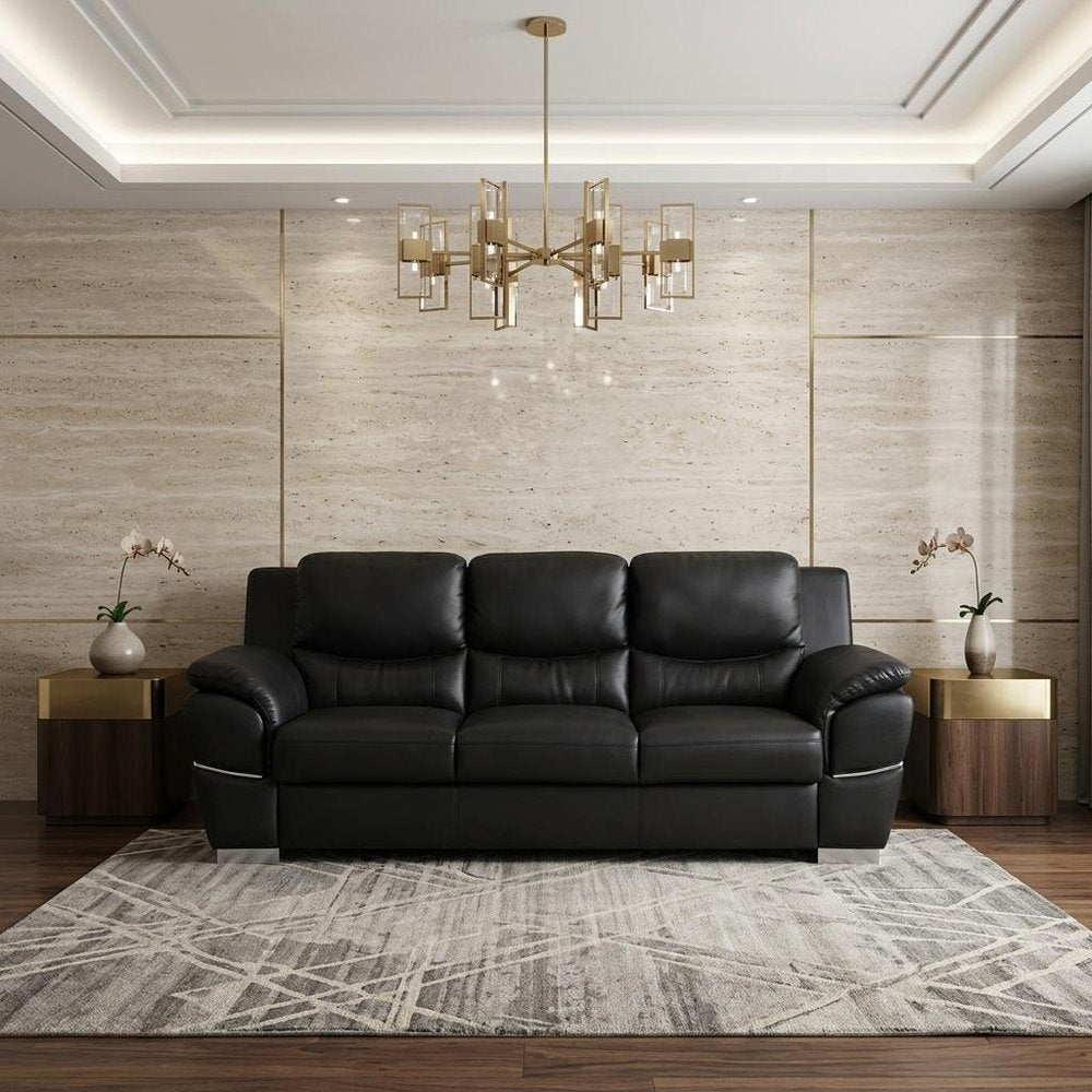 85" White Leather Sofa With Silver Legs