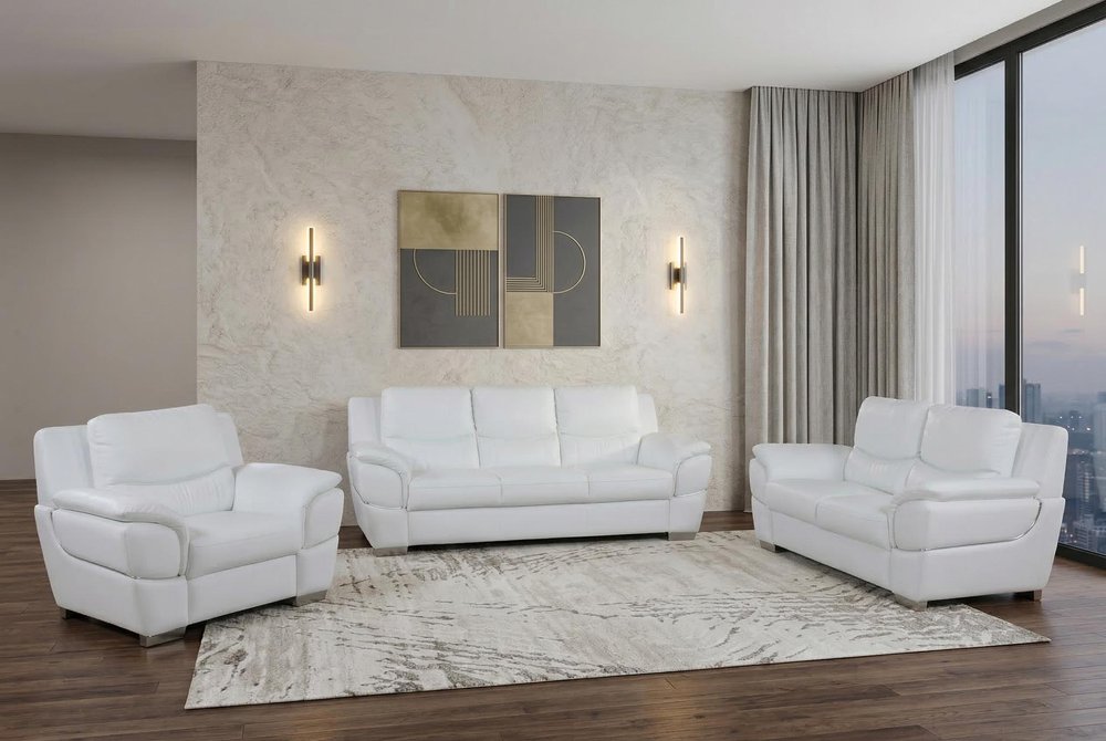 Three Piece Indoor White Genuine Leather Six Person Seating Set